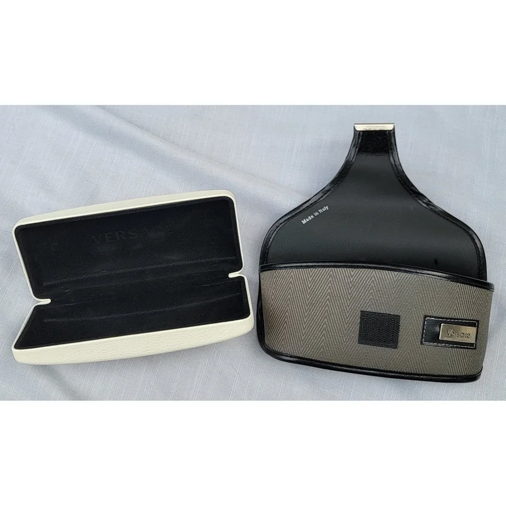 Versace Eyewear Case Set of 2 Cream Hard Shell and Grey Chevron Soft Case Italy